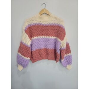 Debut Striped Mock Neck Cropped 3D Knit Sweater Cream Pink Lavender Size S